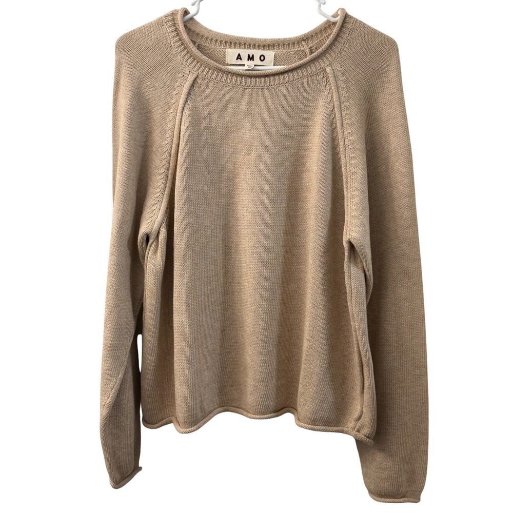AMO Womens Tan Cotton Baby Alpaca Raglan Crew Neck Sweater Large Made in Peru